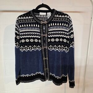 Vintage Croft & Barrow Blue Nordic Fair Isle Cardigan Sweater Metal Clasps Soft
